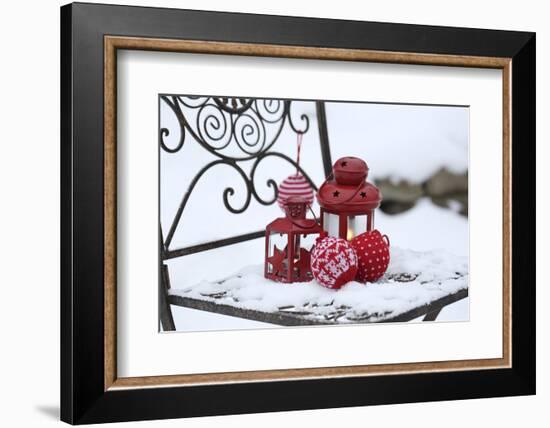 Chair in the Snow with Lantern, Balls from Cord Material-Andrea Haase-Framed Photographic Print