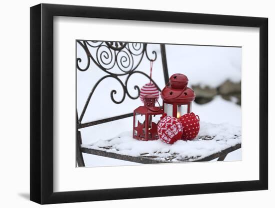 Chair in the Snow with Lantern, Balls from Cord Material-Andrea Haase-Framed Photographic Print