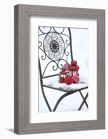 Chair in the Snow with Lantern, Balls from Cord Material-Andrea Haase-Framed Photographic Print