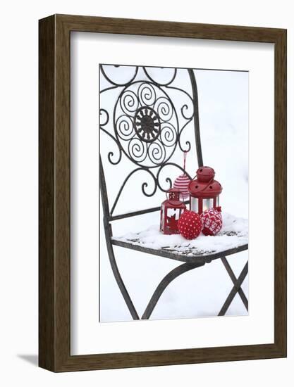 Chair in the Snow with Lantern, Balls from Cord Material-Andrea Haase-Framed Photographic Print