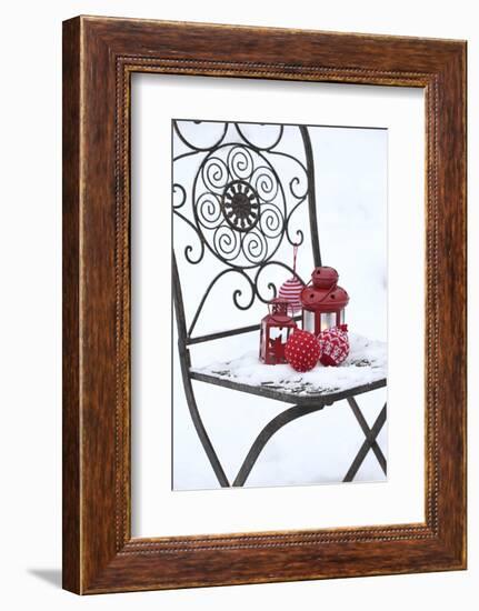 Chair in the Snow with Lantern, Balls from Cord Material-Andrea Haase-Framed Photographic Print