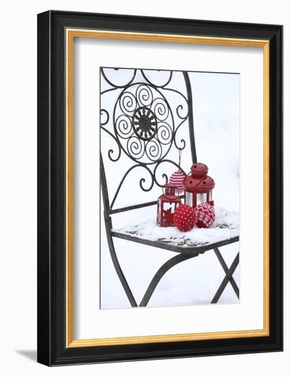 Chair in the Snow with Lantern, Balls from Cord Material-Andrea Haase-Framed Photographic Print