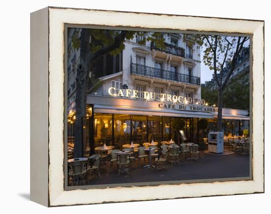 Chairs and Tables in a Restaurant at Dawn, Cafe Du Trocadero, Paris, Ile-De-France, France-null-Framed Premier Image Canvas