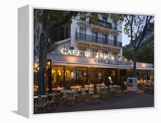 Chairs and Tables in a Restaurant at Dawn, Cafe Du Trocadero, Paris, Ile-De-France, France-null-Framed Premier Image Canvas