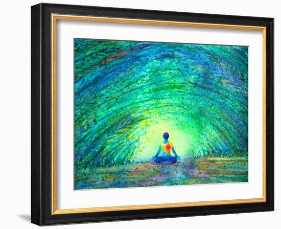 Chakra Color Human Lotus Pose Yoga in Green Tree Forest Tunnel, Abstract World, Universe inside You-null-Framed Art Print