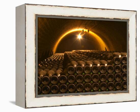 Champagne Bottles in Vaulted Cellar, Champagne Deutz, Ay, Vallee De La Marne, Ardennes, France-Per Karlsson-Framed Premier Image Canvas