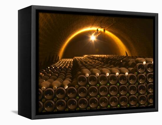 Champagne Bottles in Vaulted Cellar, Champagne Deutz, Ay, Vallee De La Marne, Ardennes, France-Per Karlsson-Framed Premier Image Canvas