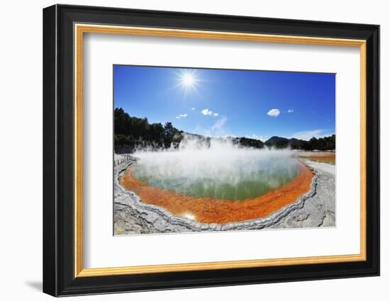 Champagnerpool with sun, Wai-O-Tapu Thermal Wonderland, Bay of Plenty, North Island, New Zealand-Raimund Linke-Framed Photographic Print