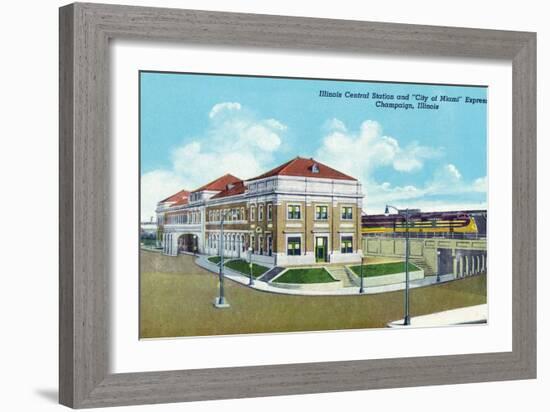 Champaign, Illinois, Exterior View of Illinois Central Train Station, "City of Miami" Express-Lantern Press-Framed Art Print