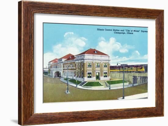 Champaign, Illinois, Exterior View of Illinois Central Train Station, "City of Miami" Express-Lantern Press-Framed Art Print