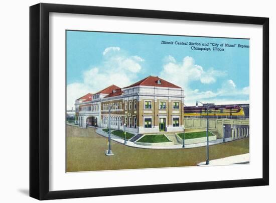 Champaign, Illinois, Exterior View of Illinois Central Train Station, "City of Miami" Express-Lantern Press-Framed Art Print