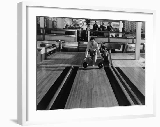 Champion Bowler Andy Varipapa Demonstrating Favorite Trick of Rolling Two Balls Down Alley at once-Gjon Mili-Framed Premium Photographic Print