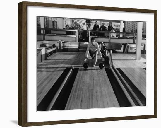 Champion Bowler Andy Varipapa Demonstrating Favorite Trick of Rolling Two Balls Down Alley at once-Gjon Mili-Framed Premium Photographic Print