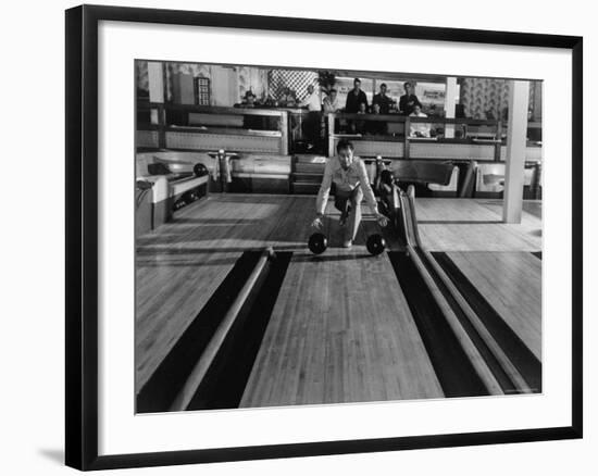 Champion Bowler Andy Varipapa Demonstrating Favorite Trick of Rolling Two Balls Down Alley at once-Gjon Mili-Framed Premium Photographic Print