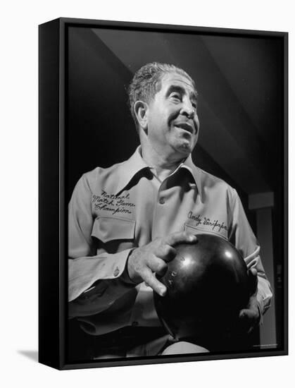 Champion Bowler Andy Varipapa Demonstrating How to Hold a Bowling Ball-Gjon Mili-Framed Premier Image Canvas