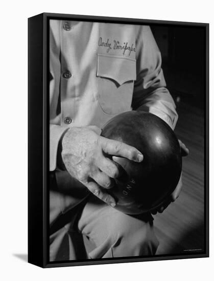 Champion Bowler Andy Varipapa Demonstrating How to Hold a Bowling Ball-Gjon Mili-Framed Premier Image Canvas