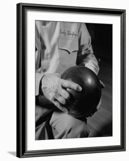 Champion Bowler Andy Varipapa Demonstrating How to Hold a Bowling Ball-Gjon Mili-Framed Premium Photographic Print