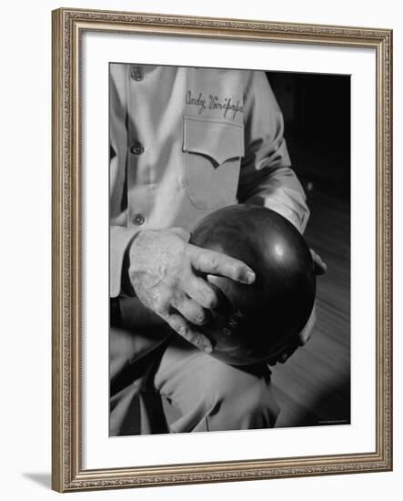 Champion Bowler Andy Varipapa Demonstrating How to Hold a Bowling Ball-Gjon Mili-Framed Premium Photographic Print