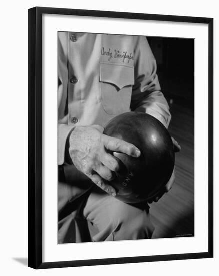 Champion Bowler Andy Varipapa Demonstrating How to Hold a Bowling Ball-Gjon Mili-Framed Premium Photographic Print