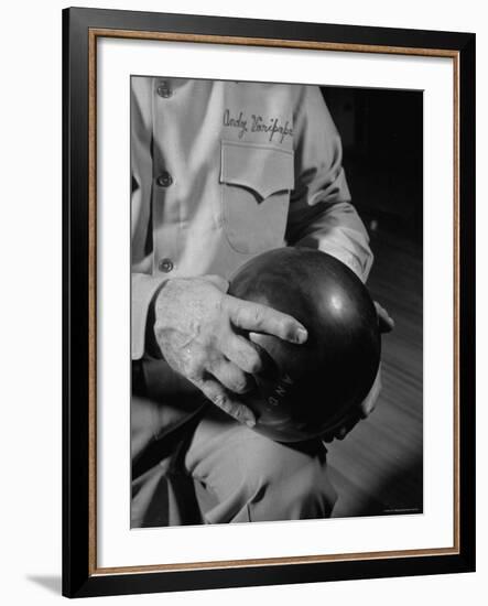 Champion Bowler Andy Varipapa Demonstrating How to Hold a Bowling Ball-Gjon Mili-Framed Premium Photographic Print