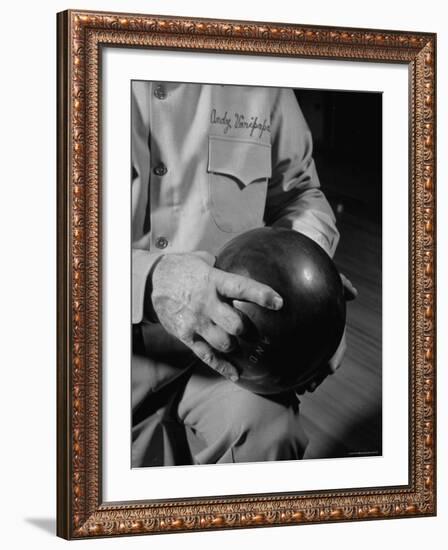 Champion Bowler Andy Varipapa Demonstrating How to Hold a Bowling Ball-Gjon Mili-Framed Premium Photographic Print