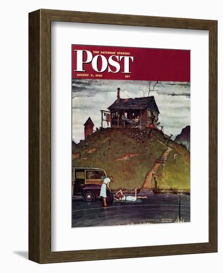 "Changing a Flat" Saturday Evening Post Cover, August 3,1946-Norman Rockwell-Framed Giclee Print