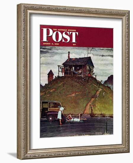 "Changing a Flat" Saturday Evening Post Cover, August 3,1946-Norman Rockwell-Framed Giclee Print