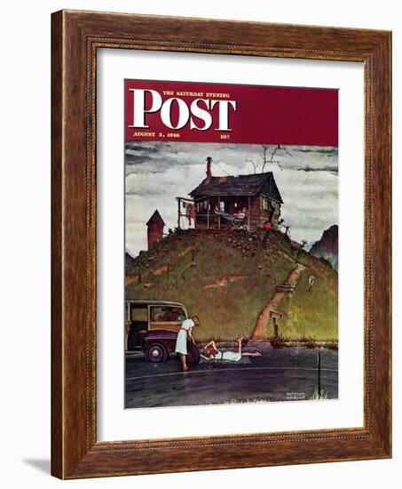 "Changing a Flat" Saturday Evening Post Cover, August 3,1946-Norman Rockwell-Framed Giclee Print