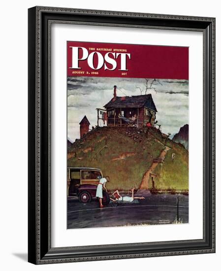 "Changing a Flat" Saturday Evening Post Cover, August 3,1946-Norman Rockwell-Framed Giclee Print