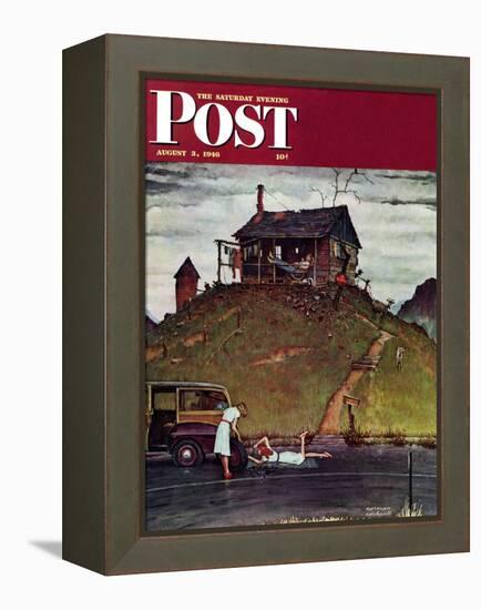 "Changing a Flat" Saturday Evening Post Cover, August 3,1946-Norman Rockwell-Framed Premier Image Canvas