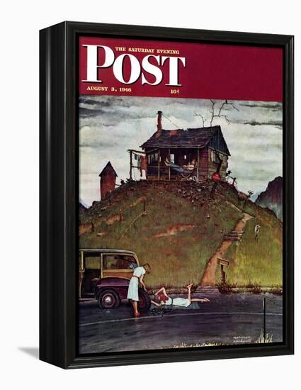 "Changing a Flat" Saturday Evening Post Cover, August 3,1946-Norman Rockwell-Framed Premier Image Canvas
