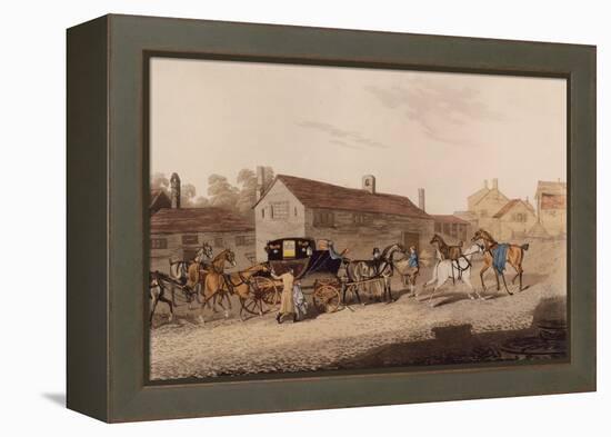 Changing Horses to the Mail Coach (Coloured Engraving)-James Pollard-Framed Premier Image Canvas
