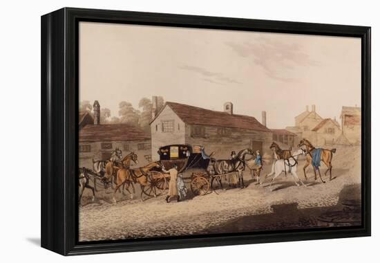 Changing Horses to the Mail Coach (Coloured Engraving)-James Pollard-Framed Premier Image Canvas