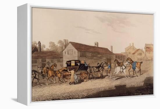 Changing Horses to the Mail Coach (Coloured Engraving)-James Pollard-Framed Premier Image Canvas