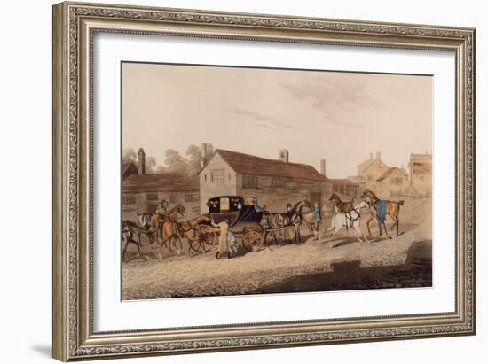 Changing Horses to the Mail Coach (Coloured Engraving)-James Pollard-Framed Giclee Print