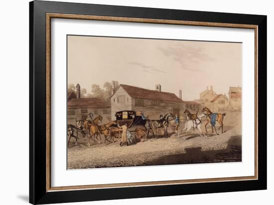 Changing Horses to the Mail Coach (Coloured Engraving)-James Pollard-Framed Giclee Print