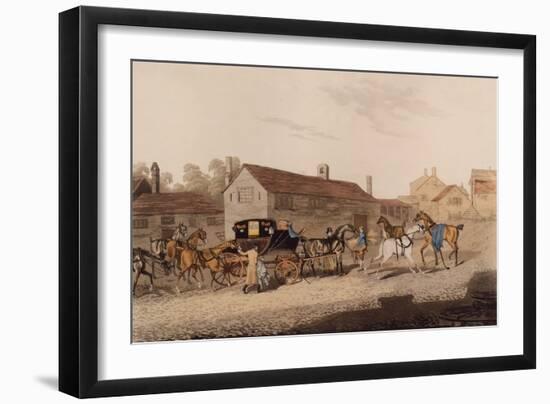 Changing Horses to the Mail Coach (Coloured Engraving)-James Pollard-Framed Giclee Print