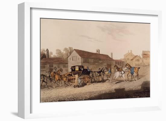 Changing Horses to the Mail Coach (Coloured Engraving)-James Pollard-Framed Giclee Print