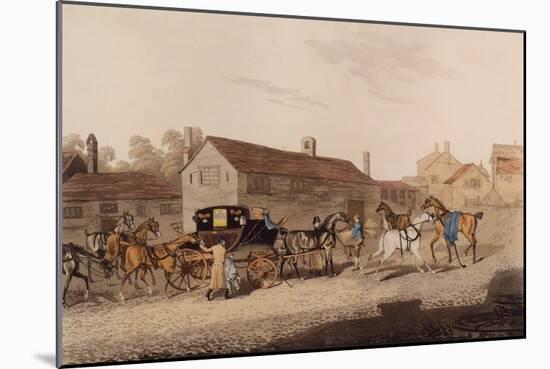Changing Horses to the Mail Coach (Coloured Engraving)-James Pollard-Mounted Giclee Print