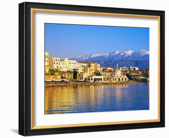 Chania Waterfront and Mountains in Background, Chania, Crete, Greece, Europe-Marco Simoni-Framed Photographic Print