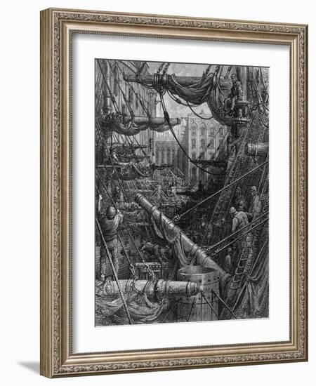 Chaotic Scene of Ships Dockers and Warehouses-Gustave Doré-Framed Photographic Print