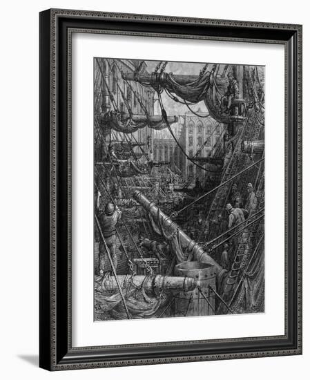 Chaotic Scene of Ships Dockers and Warehouses-Gustave Doré-Framed Photographic Print