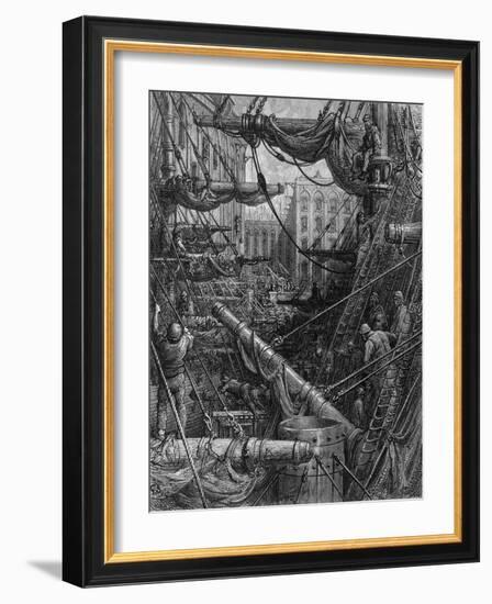 Chaotic Scene of Ships Dockers and Warehouses-Gustave Doré-Framed Photographic Print