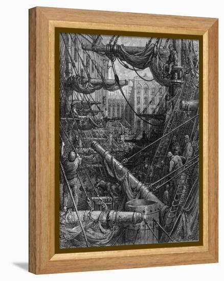 Chaotic Scene of Ships Dockers and Warehouses-Gustave Doré-Framed Premier Image Canvas