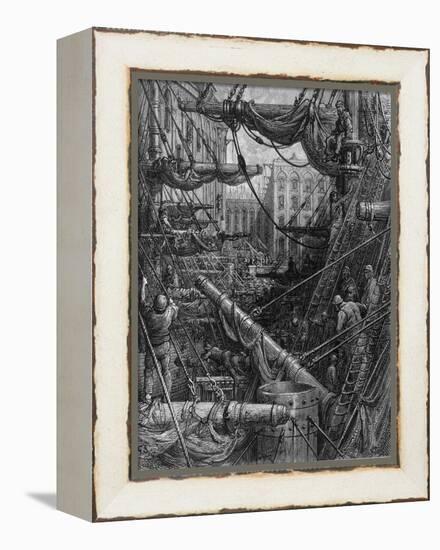 Chaotic Scene of Ships Dockers and Warehouses-Gustave Doré-Framed Premier Image Canvas