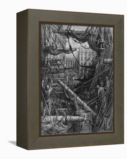 Chaotic Scene of Ships Dockers and Warehouses-Gustave Doré-Framed Premier Image Canvas