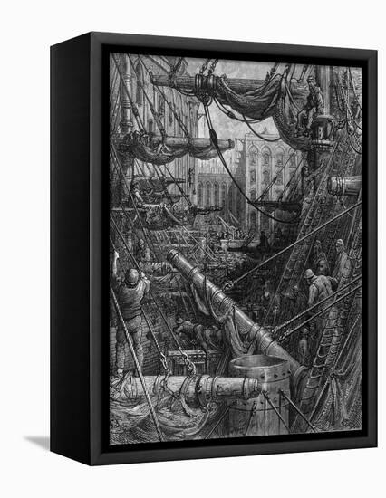 Chaotic Scene of Ships Dockers and Warehouses-Gustave Doré-Framed Premier Image Canvas