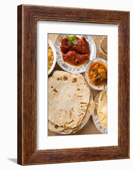 Chapatti Roti, Curry Chicken, Biryani Rice, Salad, Masala Milk Tea and Papadom. Indian Food on Dini-szefei-Framed Photographic Print