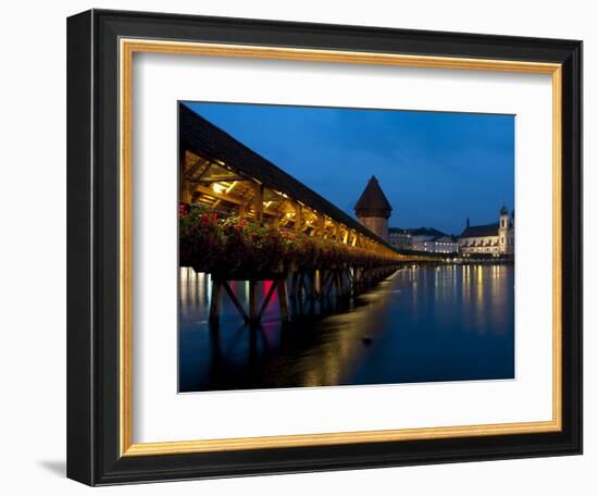 Chapel Bridge at Dusk, Lucerne, Switzerland, Europe-Charles Bowman-Framed Photographic Print