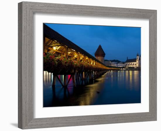 Chapel Bridge at Dusk, Lucerne, Switzerland, Europe-Charles Bowman-Framed Photographic Print